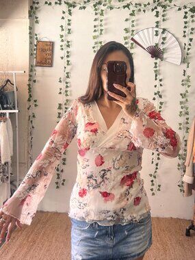 Wrapper Sheer Lace Floral Bell Sleeve Top – Size L